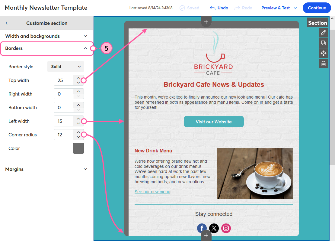 Éditeur d’e-mails avec section Customize (personnaliser) et section Borders (Bordures) développée