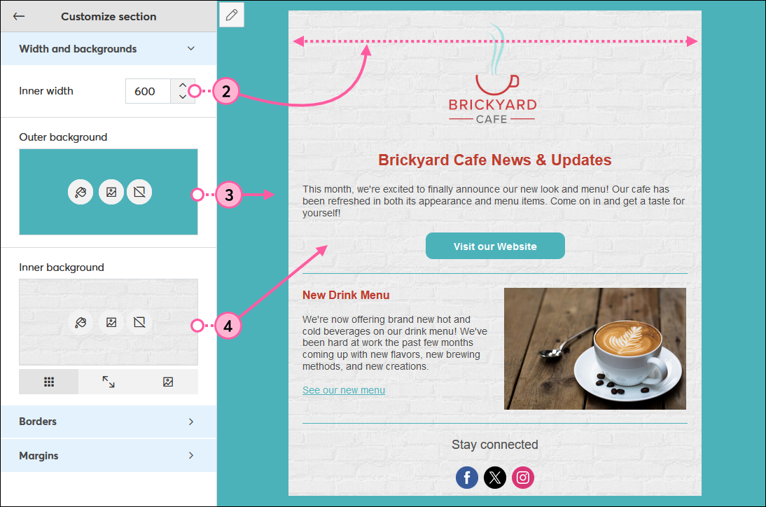 Customize the backgrounds, borders, and margins of your email template