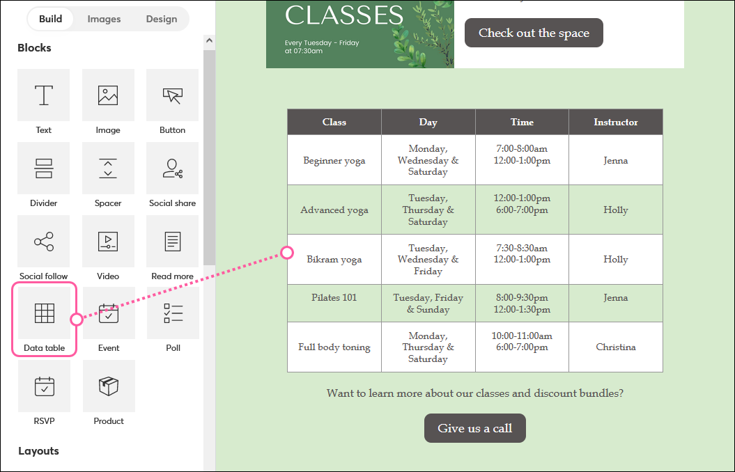 Table block in the Cross Device Editor