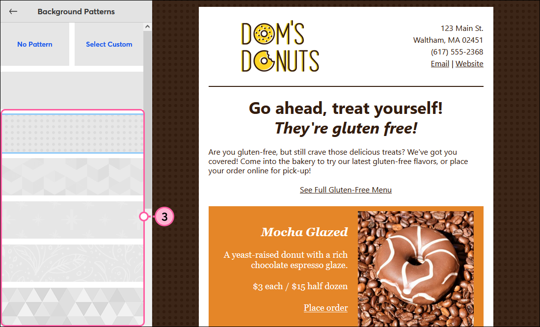 Background Patterns menu expanded with default pattern selected