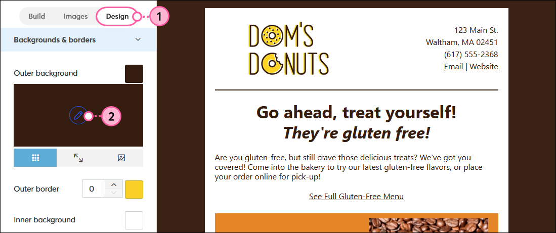 Email Design tab, Backgrounds & Borders menu expanded, and Outer Background option with Edit Image icon