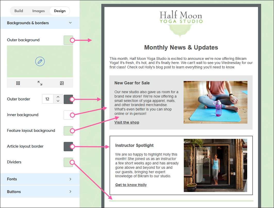 Design tab with Background and Borders section