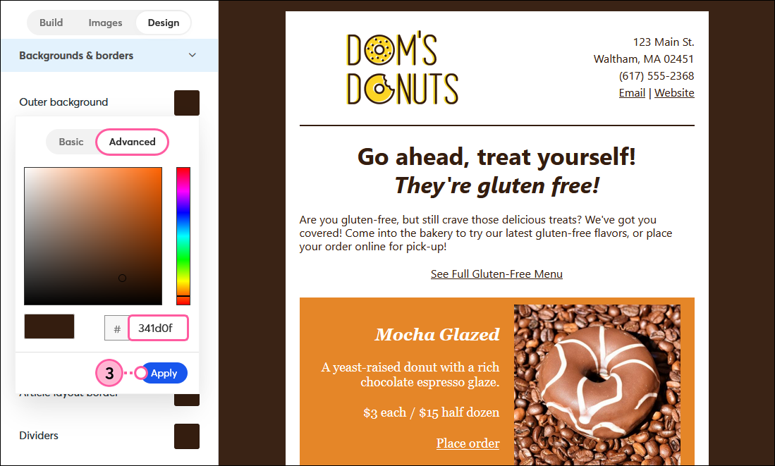 Email Design tab, Backgrounds & Borders menu expanded, Advanced color palette options and Apply button