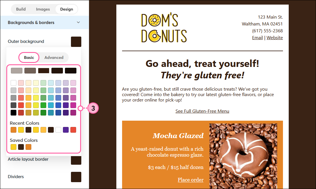Email Design tab, Backgrounds & Borders menu expanded, Basic color palette options