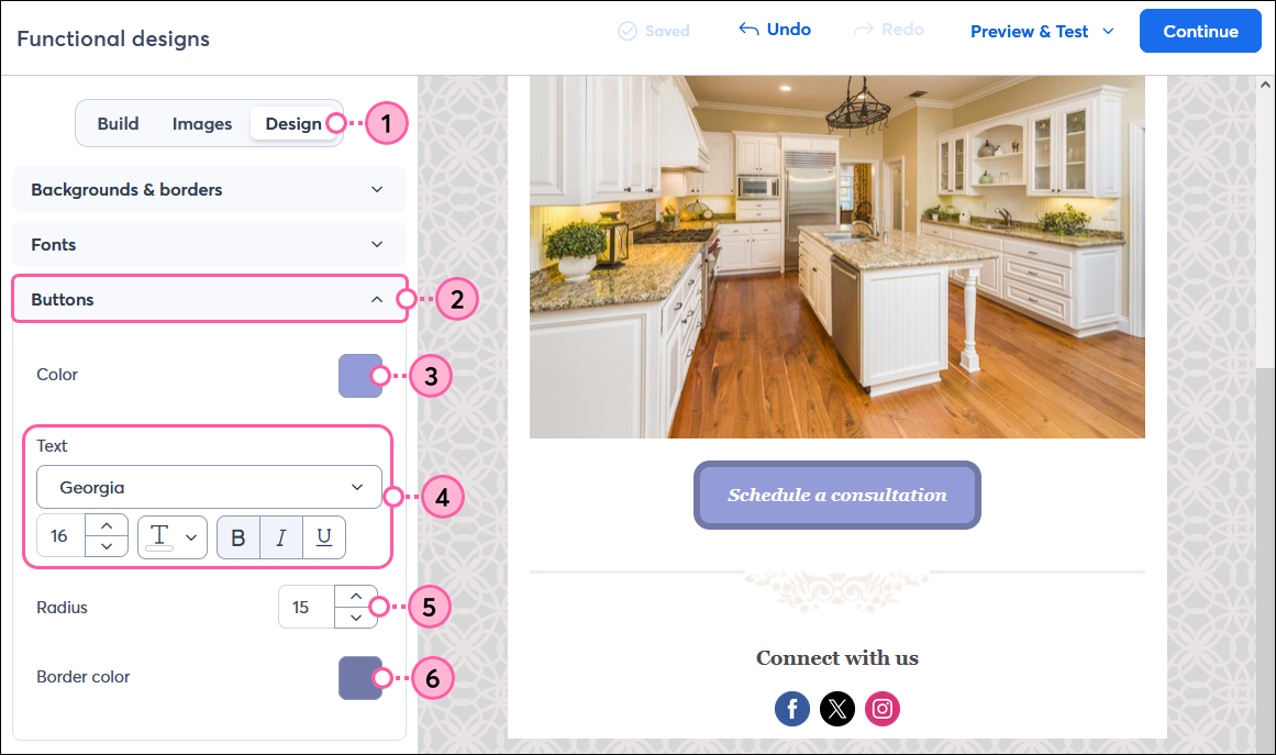 Email editor with Design tab, Buttons section expanded, and customization options