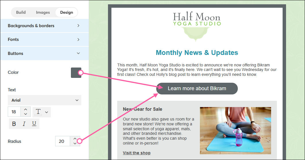 Design tab with Buttons section