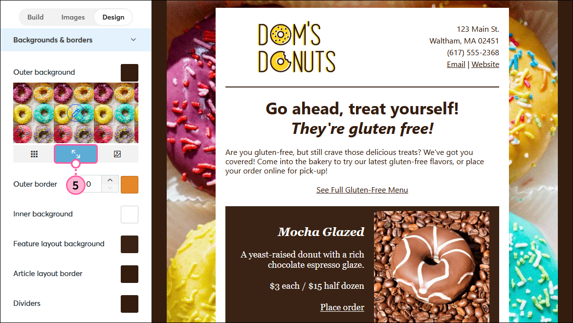 Email Design tab, Backgrounds and Borders section expanded, custom outer background selected, and Center icon