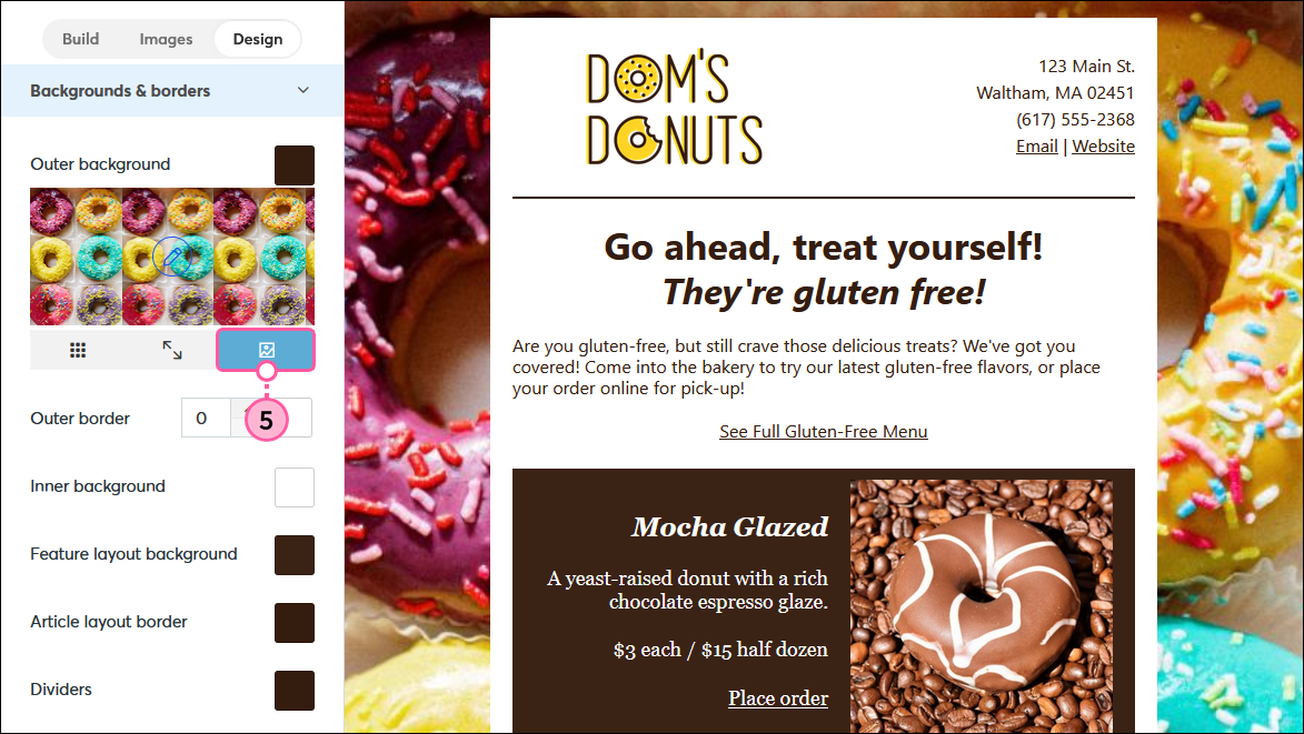 Email Design tab, Backgrounds and Borders section expanded, custom outer background selected, and Image icon