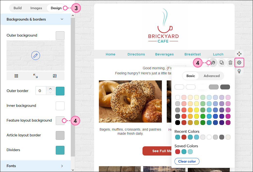 Design Tab, Feature Layout Background Color Swatch, Block Settings and Color Options with Color Picker