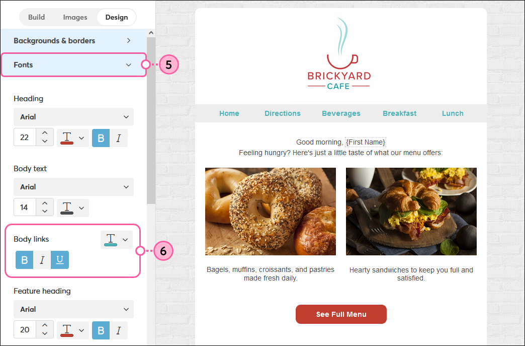 Design Tab, Fonts section expanded, and Body Links Options