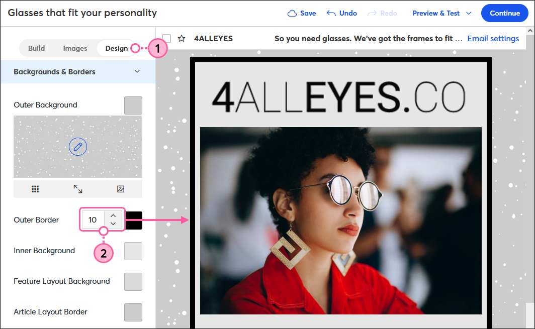 Email editor, Design tab, Backgrounds & Borders section, Outer Border thickness arrows