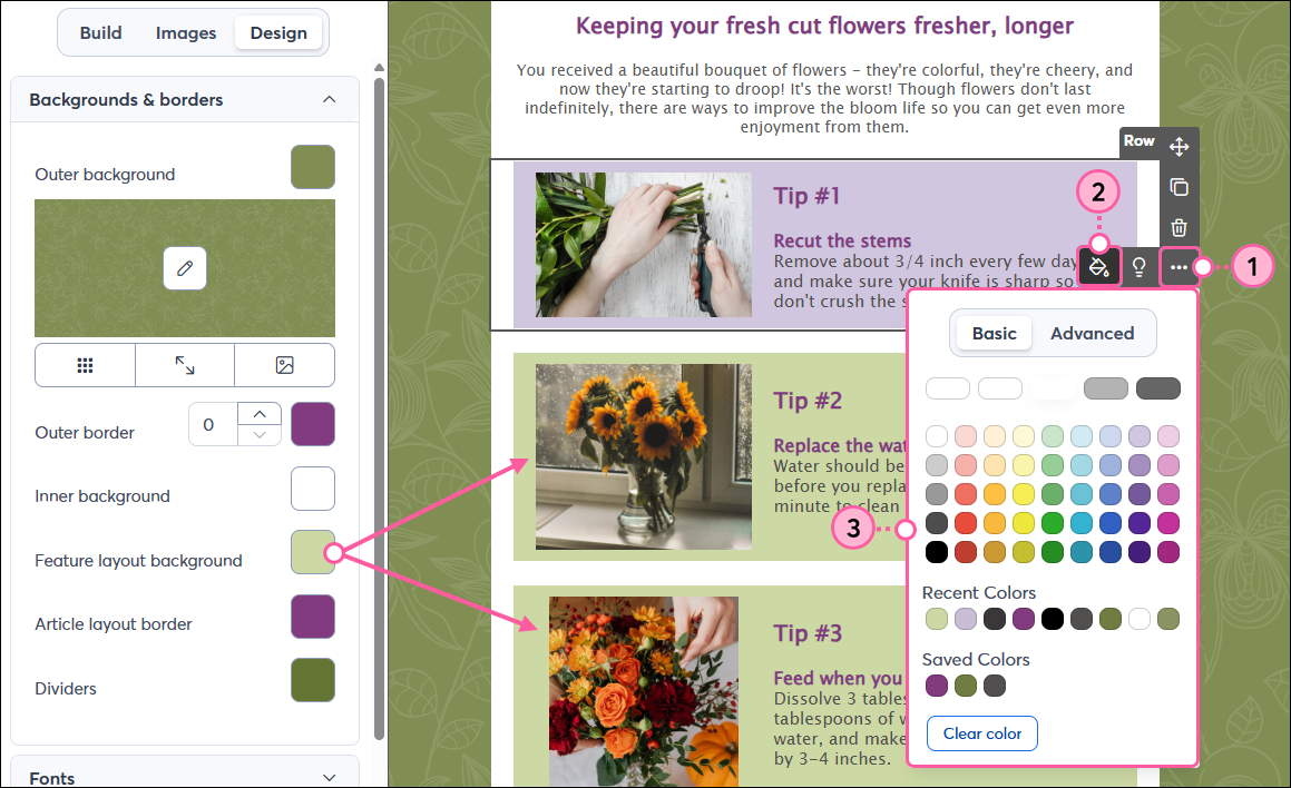 Design tab, Backgrounds and Borders section, and Feature Layout Background color swatch, and Row selected with paint can control and color palette expanded