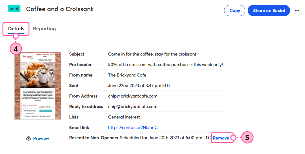 Email Details page Details tab, and Resend to Non-Openers option with Remove link