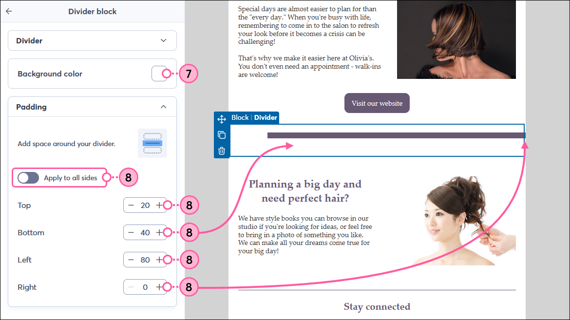 Divider block panel with background color and padding options