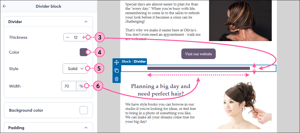 Divider block panel with thickness, color, style, and width options