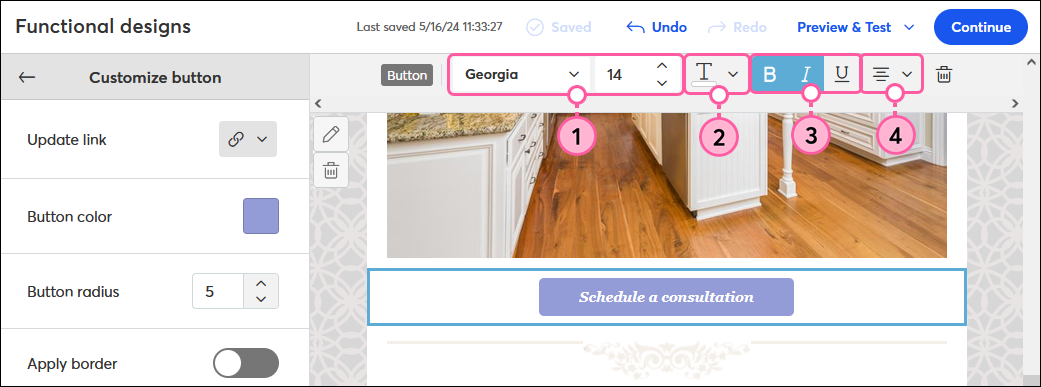 Botón del editor de correo electrónico con opciones de personalización de la barra de herramientas BUTTON (Botón)