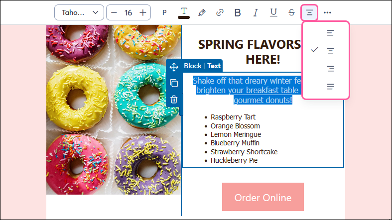Text toolbar with Alignment drop-down menu expanded and Left-align, Center-align, Right-align, and Justified options