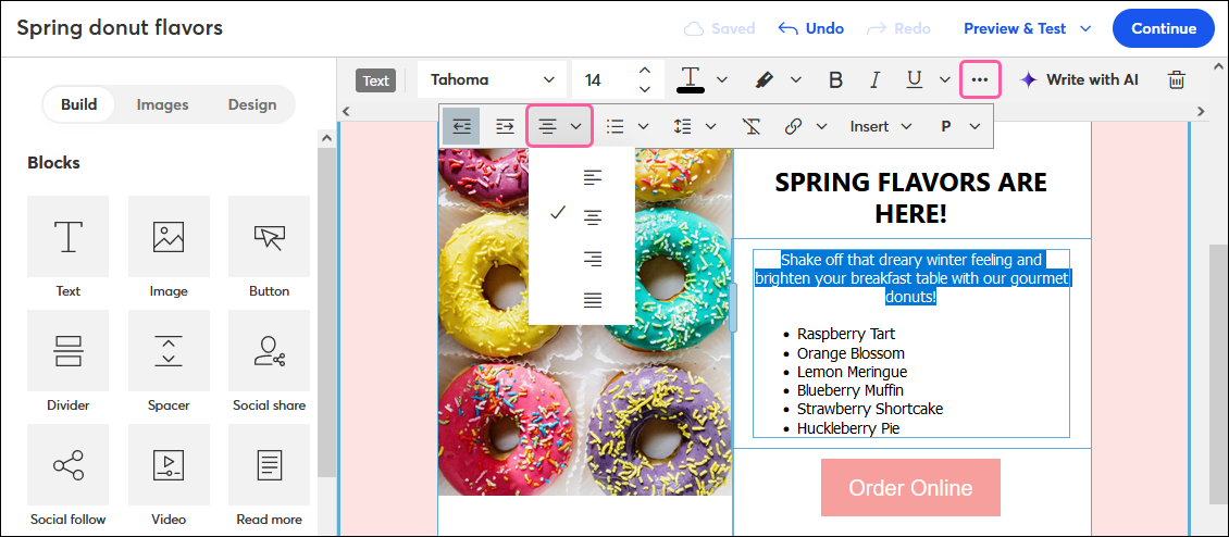 Text toolbar with Alignment drop-down menu expanded and Left-align, Center-align, Right-align, and Justified options