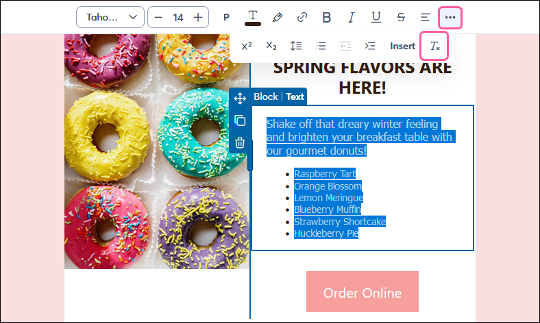 Text toolbar with button to clear formatting