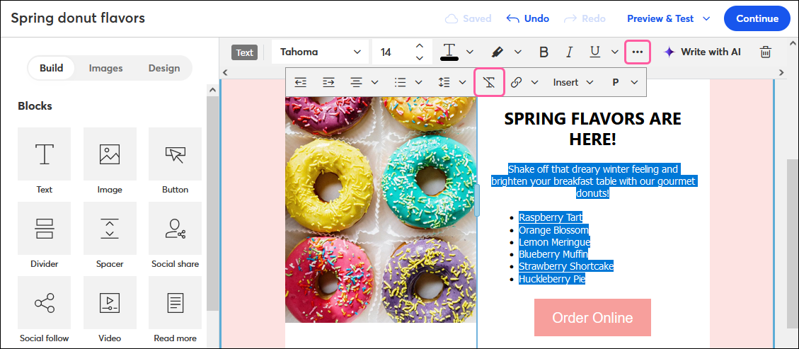 Borrador de correo electrónico en el Cross Device Editor (Editor de dispositivos cruzados) con barra de herramientas de texto e ícono para borrar formato