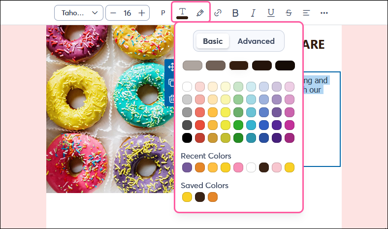 Text toolbar with Text Color menu expanded showing "Basic" color palette and Advanced option, and Text Highlight Color menu button