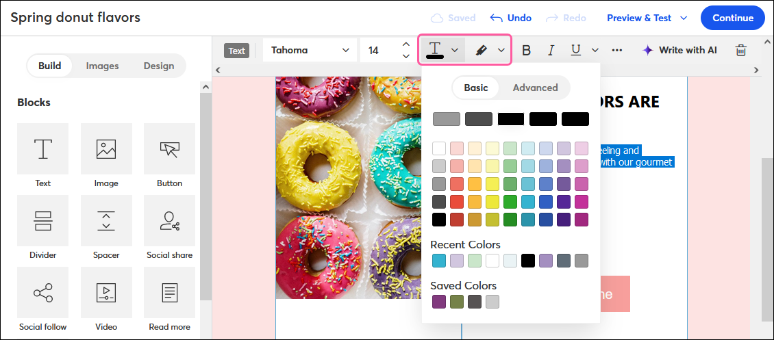 Text toolbar with Text Color menu expanded showing "Basic" color palette and Advanced option, and Text Highlight Color menu button