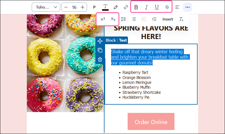 Text editor with Bold, Italic, and Underline options, and Text Emphasis drop-down menu expanded with Strikethrough, Superscript, and Subscript options