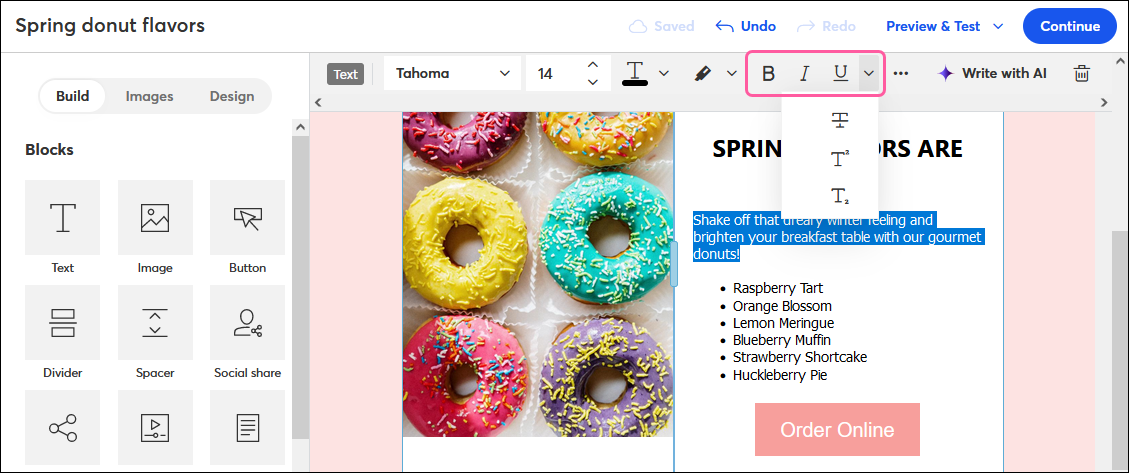 Text editor with Bold, Italic, and Underline options, and Text Emphasis drop-down menu expanded with Strikethrough, Superscript, and Subscript options