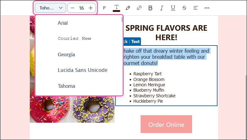Text toolbar with font drop-down menu expanded displaying web-safe fonts, and Font size increase and decrease options