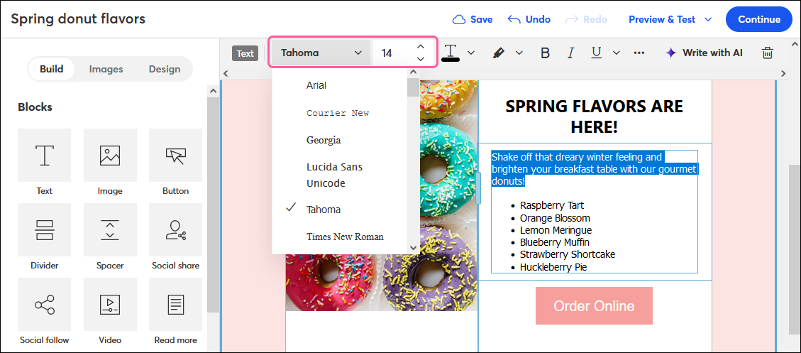 Text toolbar with font drop-down menu expanded displaying web-safe fonts, and Font size increase and decrease options
