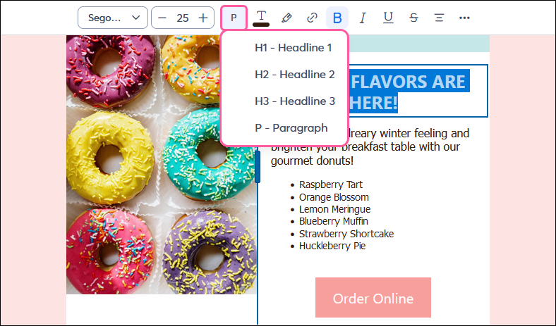 Text toolbar with headline drop-down