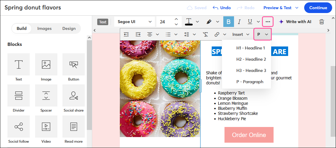 Text toolbar with headline drop-down