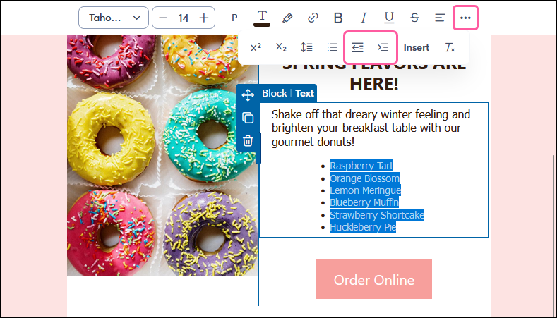 Text toolbar with Increase and Decrease Indent options