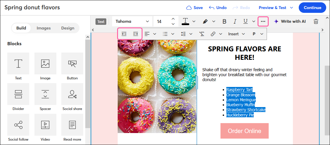 Text toolbar with Increase and Decrease Indent options