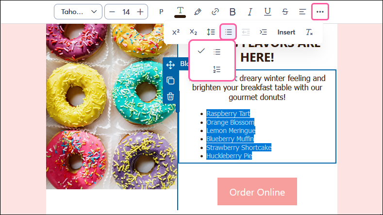 Text toolbar with Numbered List and Bulleted List options in drop-down