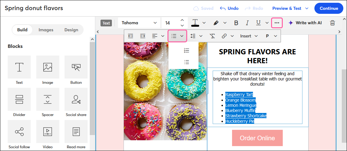 Text toolbar with Numbered List and Bulleted List options in drop-down