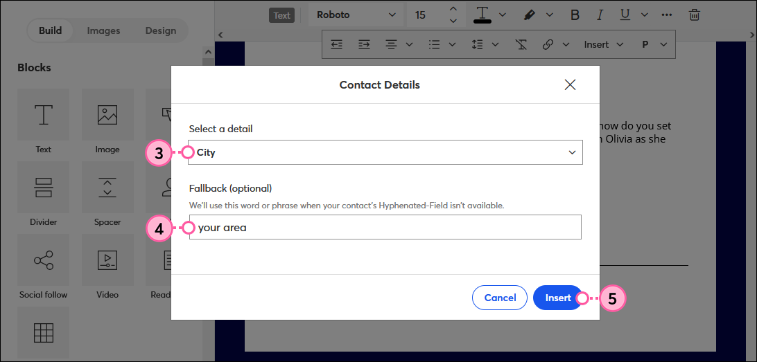 Select a detail drop-down, Fallback text field, and Insert Button