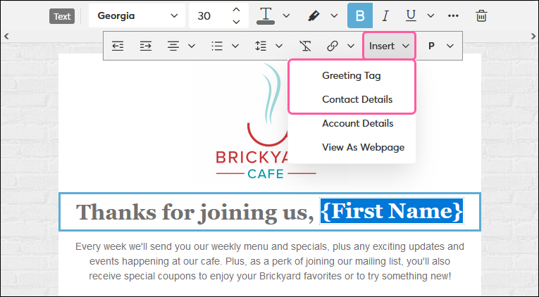 Insert Button and Highlighted Greeting Tag Text