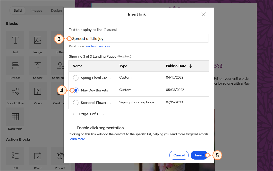 Button Text Field, Landing Page Options, and Insert Button