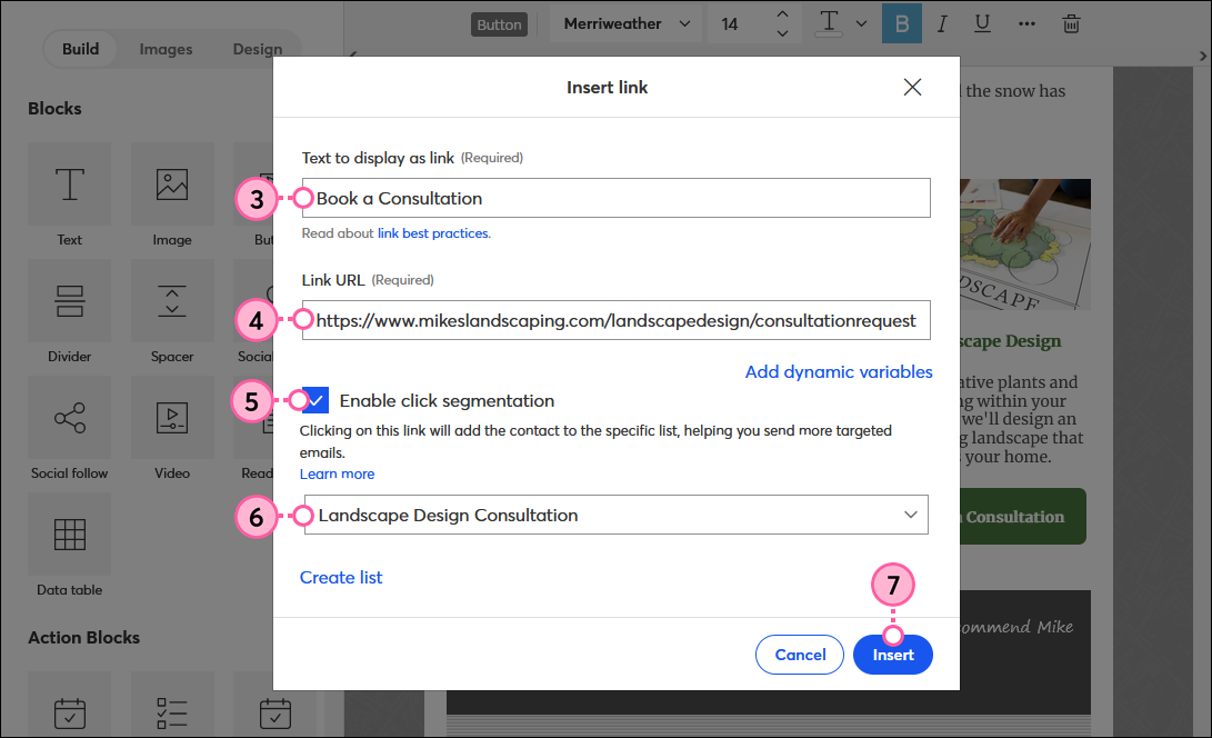Link URL Field, Enable Click Segmentation Option, List Selection Drop-down Menu, and Insert Button