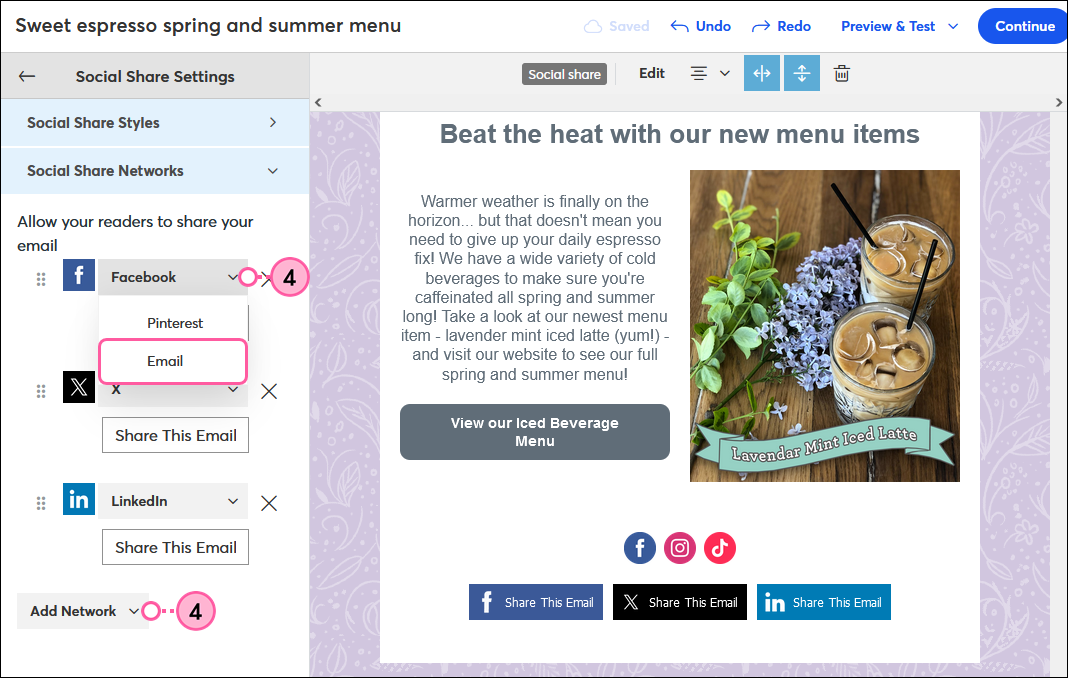 Social Share Networks section expanded, Add Network drop-down or existing network drop-down with Email option selected