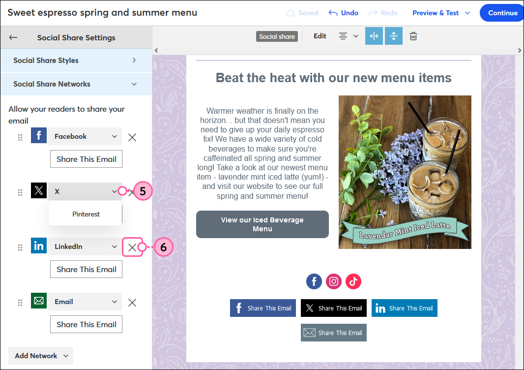 Social Share Networks panel with existing network drop-down and X to remove option