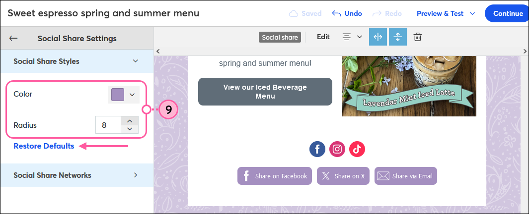 Social Share Styles panel with Color and Radius options, Restore Defaults link, and Done button in Social Share block toolbar