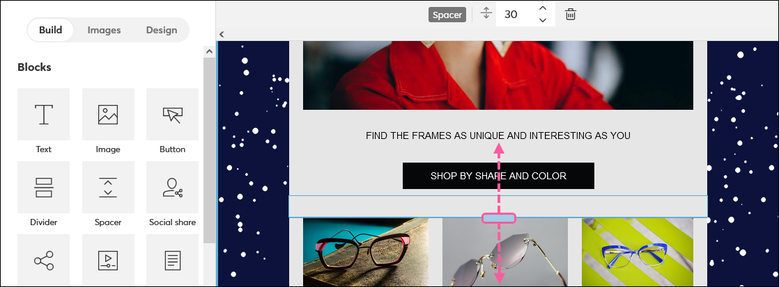 Email editor with spacer and height drag handle