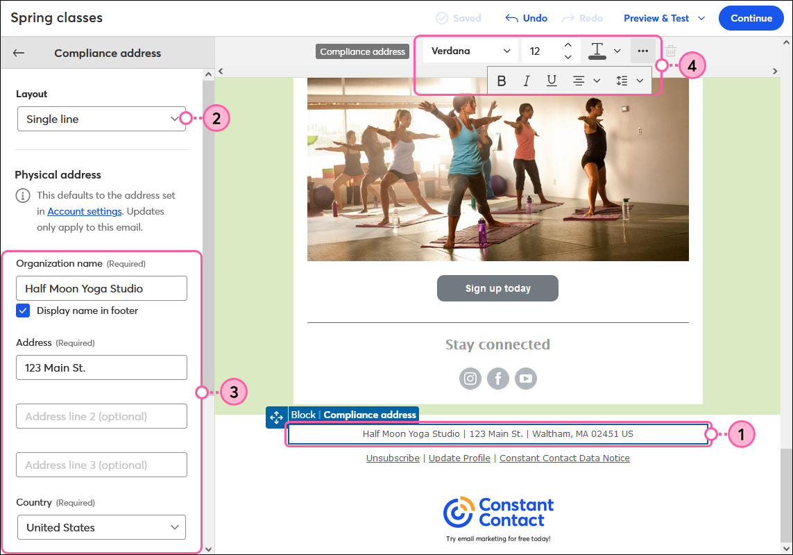 Email footer, Compliance Address panel, Layout drop-down, Organization name and address fields, and toolbar formatting options