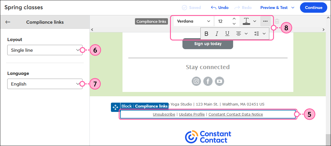 Email footer, Compliance Links panel, Layout and Language drop-downs, and toolbar formatting options