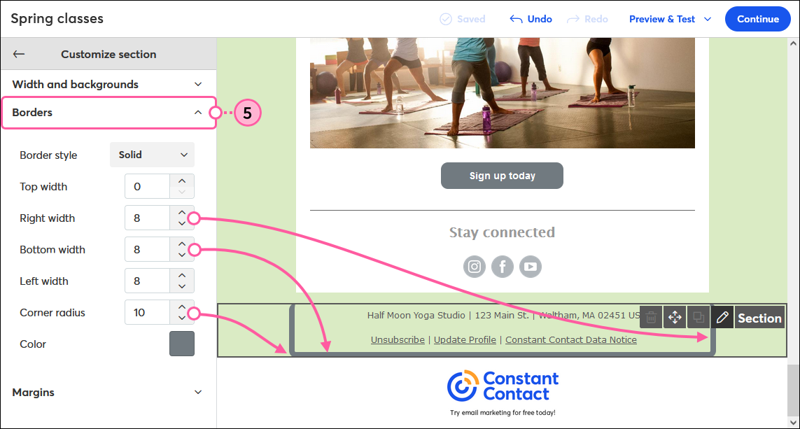 Email footer, Customize Section panel, and Borders options