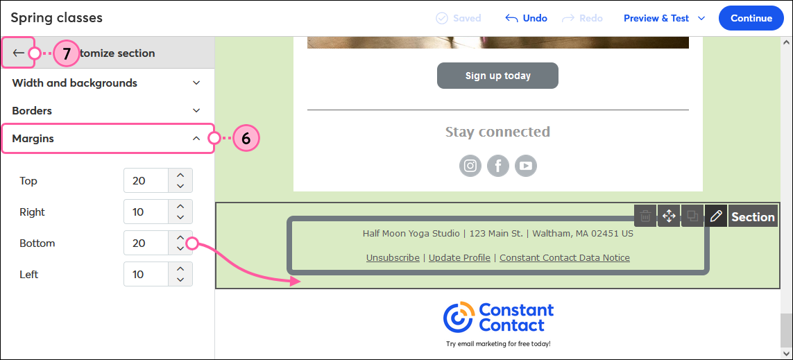 Email footer, Customize SEction panel, Margins options, and Back arrow