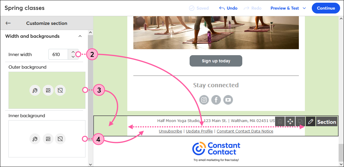 Email footer, Customize Section panel, Width and Background options