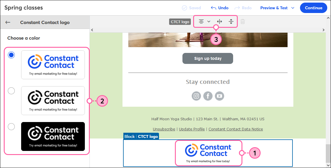 Constant Contact logo in email footer, logo color options, and toolbar options